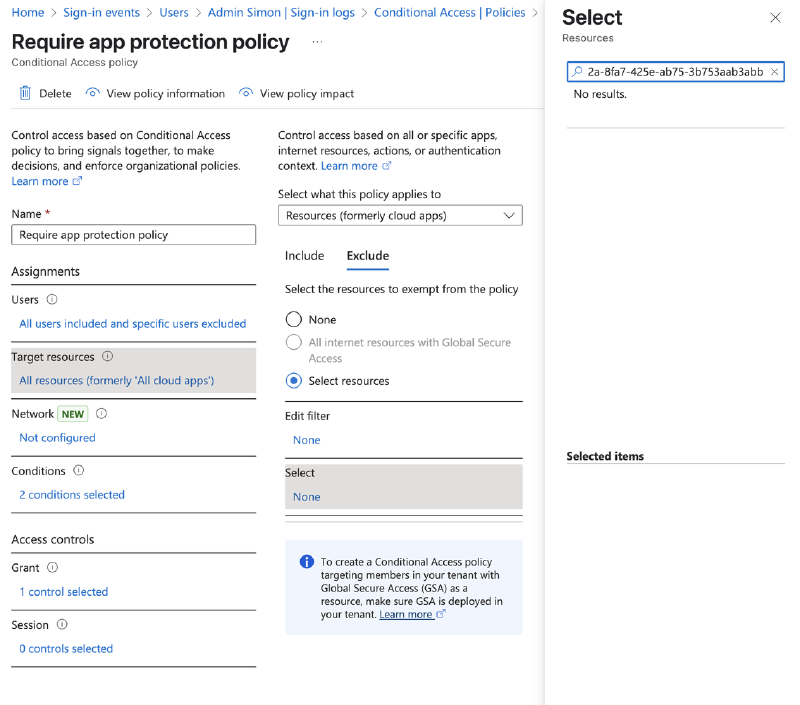 Screenshot of the Entra admin center showing that first-party Microsoft apps cannot be excluded from Conditional Access policy targets